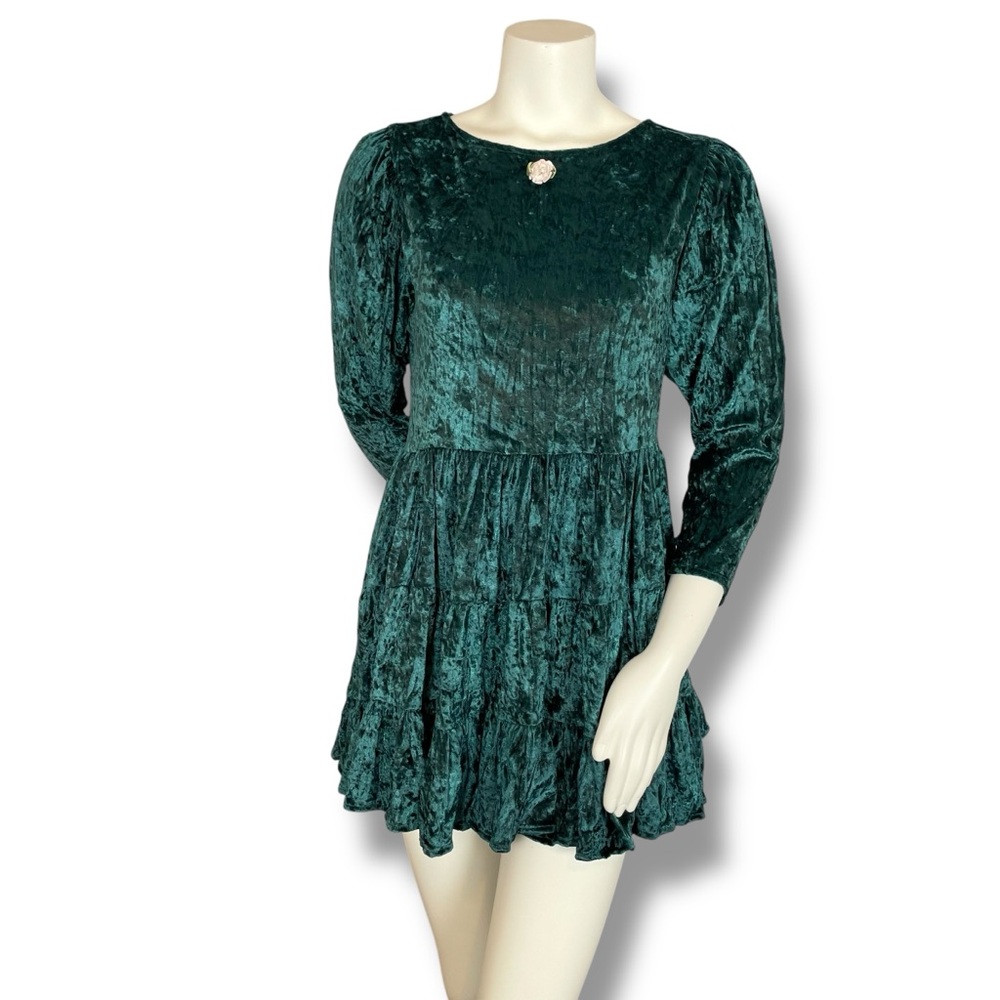 Vintage Crushed Velvet Babydoll Dress Green Christmas Girls Sz 14 Rosette Tiered